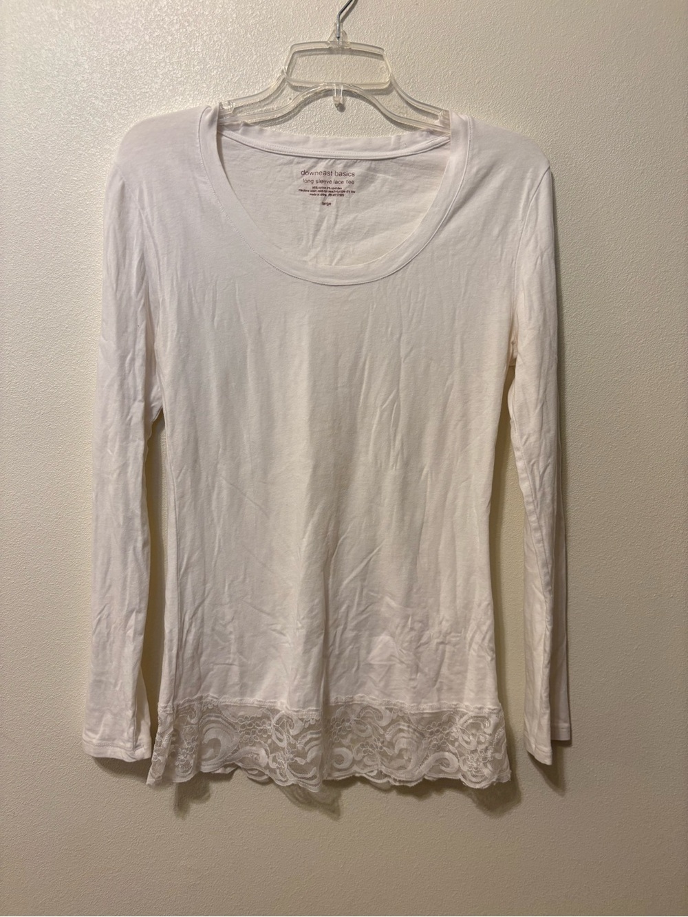 DownEast White Long-Sleeve Scoop Neck Tee with Lace Hem